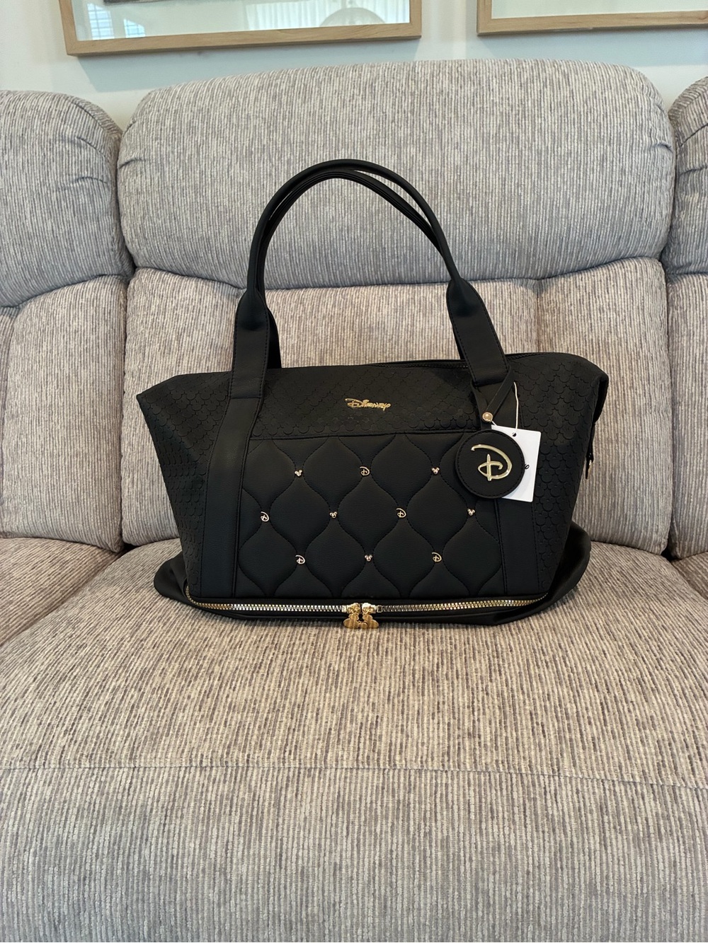 Disney Black Quilted Duffle Bag with Gold Hardware